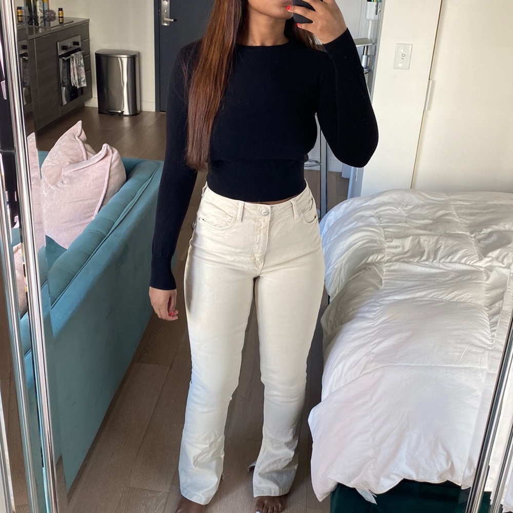 zara high waisted tan flare bottom pants jeans with slit